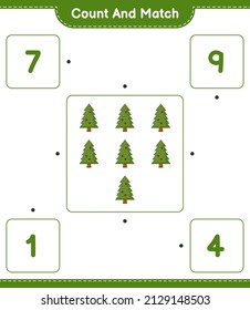Contar y hacer coincidir, contar el número del árbol de Navidad y coincidir con los números correctos. Juego infantil educativo, hoja de cálculo imprimible, ilustración vectorial