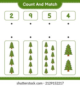 Contar y hacer coincidir, contar el número del árbol de Navidad y coincidir con los números correctos. Juego infantil educativo, hoja de cálculo imprimible, ilustración vectorial