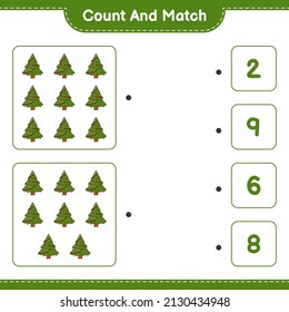 Count and match, count the number of Christmas Tree and match with the right numbers. Educational children game, printable worksheet, vector illustration