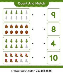 Cuenta y coteja, cuenta el número de Árbol de Navidad, bola de Navidad, media luna de Navidad y concuerda con los números correctos. Juego infantil educativo, hoja de cálculo imprimible, ilustración vectorial