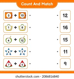 Count and match, count the number of Coconut, Starfish, Watermelon, Wallet, Bag and match with the right numbers. Educational children game, printable worksheet, vector illustration