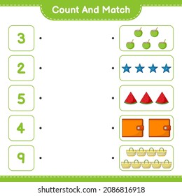 Count and match, count the number of Coconut, Starfish, Watermelon, Wallet, Bag and match with the right numbers. Educational children game, printable worksheet, vector illustration