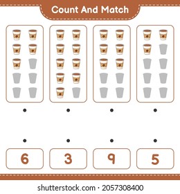 Cuenta y cotúa, cuenta el número de la Copa de Café y concuerda con los números correctos. Juego infantil educativo, hoja de cálculo imprimible, ilustración vectorial
