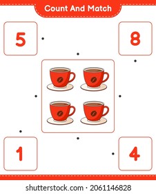 Count and match, count the number of Coffee Cup and match with the right numbers. Educational children game, printable worksheet, vector illustration