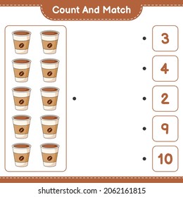 Count and match, count the number of Coffee Cup and match with the right numbers. Educational children game, printable worksheet, vector illustration