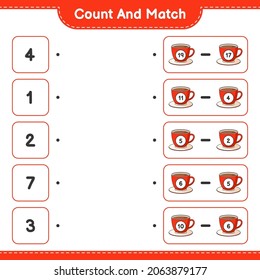 Cuenta y cotúa, cuenta el número de la Copa de Café y concuerda con los números correctos. Juego infantil educativo, hoja de cálculo imprimible, ilustración vectorial