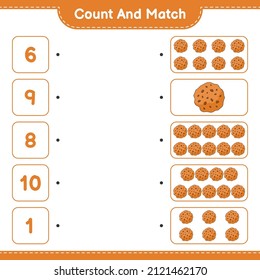 Contar y coincidir, contar el número de cookies y coincidir con los números correctos. Juego infantil educativo, hoja de cálculo imprimible, ilustración vectorial
