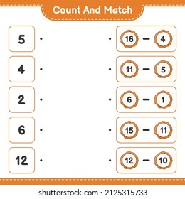 Contar y coincidir, contar el número de cookies y coincidir con los números correctos. Juego infantil educativo, hoja de cálculo imprimible, ilustración vectorial