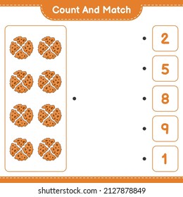 Contar y coincidir, contar el número de cookies y coincidir con los números correctos. Juego infantil educativo, hoja de cálculo imprimible, ilustración vectorial