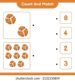 Contar y coincidir, contar el número de cookies y coincidir con los números correctos. Juego infantil educativo, hoja de cálculo imprimible, ilustración vectorial