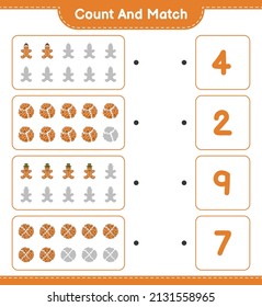 Count and match, count the number of Cookies, Gingerbread Man and match with the right numbers. Educational children game, printable worksheet, vector illustration