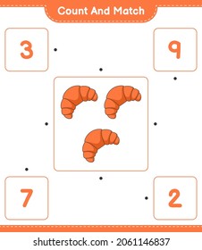 Contar y coincidir, contar el número de croissant y coincidir con los números correctos. Juego infantil educativo, hoja de cálculo imprimible, ilustración vectorial