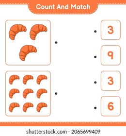 Contar y coincidir, contar el número de croissant y coincidir con los números correctos. Juego infantil educativo, hoja de cálculo imprimible, ilustración vectorial
