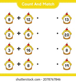 Count and match, count the number of Cup Cake and match with the right numbers. Educational children game, printable worksheet, vector illustration
