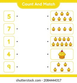 Count and match, count the number of Cup Cake and match with the right numbers. Educational children game, printable worksheet, vector illustration