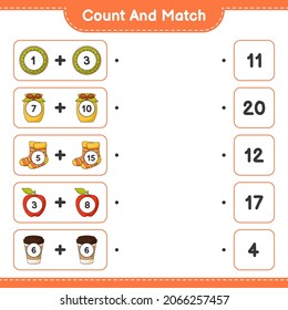 Count and match, count the number of Donut, Jam, Socks, Apple, Teacup and match with the right numbers. Educational children game, printable worksheet, vector illustration