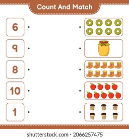 Count and match, count the number of Donut, Jam, Socks, Apple, Teacup and match with the right numbers. Educational children game, printable worksheet, vector illustration