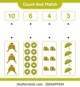 Count and match, count the number of Donut, Slippers, Umbrella, Hat and match with the right numbers. Educational children game, printable worksheet, vector illustration
