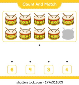 Count and match, count the number of Drum and match with the right numbers. Educational children game, printable worksheet, vector illustration