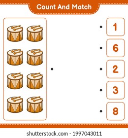 Count and match, count the number of Drum and match with the right numbers. Educational children game, printable worksheet, vector illustration