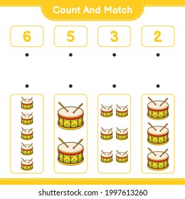 Count and match, count the number of Drum and match with the right numbers. Educational children game, printable worksheet, vector illustration