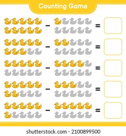 Contar y coincidir, contar el número de pato y coincidir con los números correctos. Juego infantil educativo, hoja de cálculo imprimible, ilustración vectorial