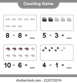 Count and match, count the number of Dumbbell, Racing Flags, Bicycle Helmet and match with the right numbers. Educational children game, printable worksheet, vector illustration