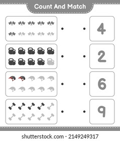 Count and match, count the number of Dumbbell, Racing Flags, Bicycle Helmet and match with the right numbers. Educational children game, printable worksheet, vector illustration