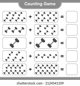 Contar y coincidir, contar el número de Dumbbell y coincidir con los números correctos. Juego infantil educativo, hoja de cálculo imprimible, ilustración vectorial