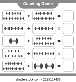 Contar y coincidir, contar el número de Dumbbell y coincidir con los números correctos. Juego infantil educativo, hoja de cálculo imprimible, ilustración vectorial