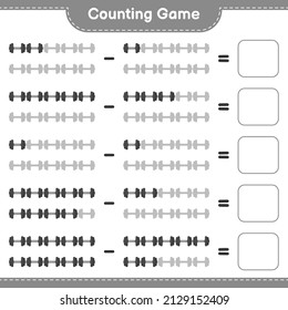 Contar y coincidir, contar el número de Dumbbell y coincidir con los números correctos. Juego infantil educativo, hoja de cálculo imprimible, ilustración vectorial