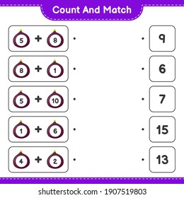 Contar y coincidir, contar el número de Fig y coincidir con los números correctos. Juego infantil educativo, hoja de cálculo imprimible, ilustración vectorial