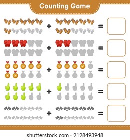 Cuente y compita, cuente el número de Finger de espuma, trofeo, banderas de carreras, guantes de boxeo, guantes de golf y concuerde con los números correctos. Juego infantil educativo, hoja de cálculo imprimible, ilustración vectorial