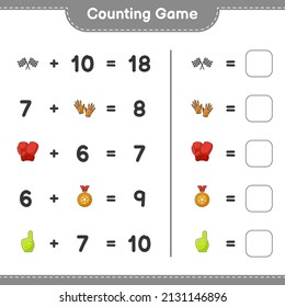 Count and match, count the number of Foam Finger, Trophy, Racing Flags, Boxing Gloves, Golf Gloves and match with the right numbers. Educational children game, printable worksheet, vector illustration