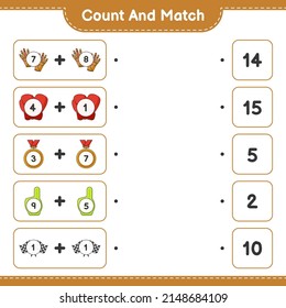 Count and match, count the number of Foam Finger, Trophy, Flags, Gloves, Golf Gloves and match with the right numbers. Educational children game, printable worksheet, vector illustration