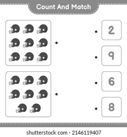 Count and match, count the number of Football Helmet and match with the right numbers. Educational children game, printable worksheet, vector illustration