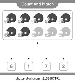 Count and match, count the number of Football Helmet and match with the right numbers. Educational children game, printable worksheet, vector illustration