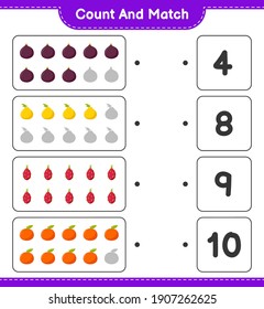 Count and match, count the number of Fruits and match with right numbers. Educational children game, printable worksheet, vector illustration