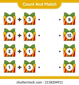 Count and match, count the number of Gift Box and match with the right numbers. Educational children game, printable worksheet, vector illustration