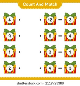 Contar y coincidir, contar el número de la caja de regalo y coincidir con los números correctos. Juego infantil educativo, hoja de cálculo imprimible, ilustración vectorial