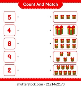 Count and match, count the number of Gift Box and match with the right numbers. Educational children game, printable worksheet, vector illustration