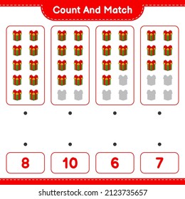 Count and match, count the number of Gift Box and match with the right numbers. Educational children game, printable worksheet, vector illustration