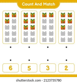 Contar y coincidir, contar el número de la caja de regalo y coincidir con los números correctos. Juego infantil educativo, hoja de cálculo imprimible, ilustración vectorial