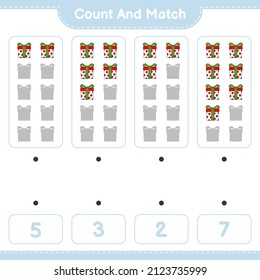 Count and match, count the number of Gift Box and match with the right numbers. Educational children game, printable worksheet, vector illustration
