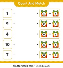 Count and match, count the number of Gift Box and match with the right numbers. Educational children game, printable worksheet, vector illustration