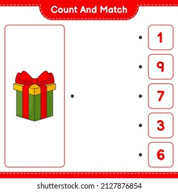Count and match, count the number of Gift Box and match with the right numbers. Educational children game, printable worksheet, vector illustration