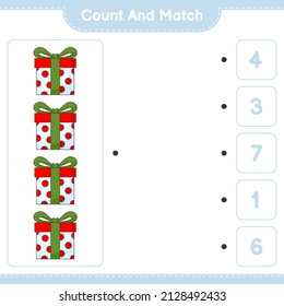 Contar y coincidir, contar el número de la caja de regalo y coincidir con los números correctos. Juego infantil educativo, hoja de cálculo imprimible, ilustración vectorial