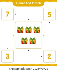 Zählen Sie die Anzahl der Geschenkbox und stimmen Sie mit den richtigen Zahlen überein. Kinderspiel, druckbares Arbeitsblatt, Vektorgrafik