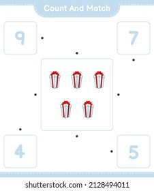 Contar y coincidir, contar el número de la caja de regalo y coincidir con los números correctos. Juego infantil educativo, hoja de cálculo imprimible, ilustración vectorial