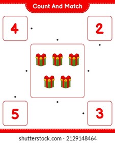 Count and match, count the number of Gift Box and match with the right numbers. Educational children game, printable worksheet, vector illustration